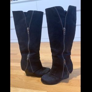 Black wedge knee high boots